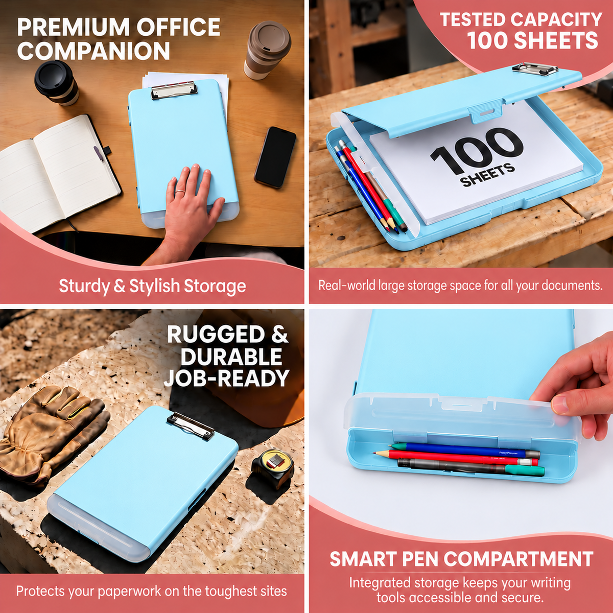 A4 Light Blue Plastic Clipboard Box File With Pencil Holder - Storage Filing Case