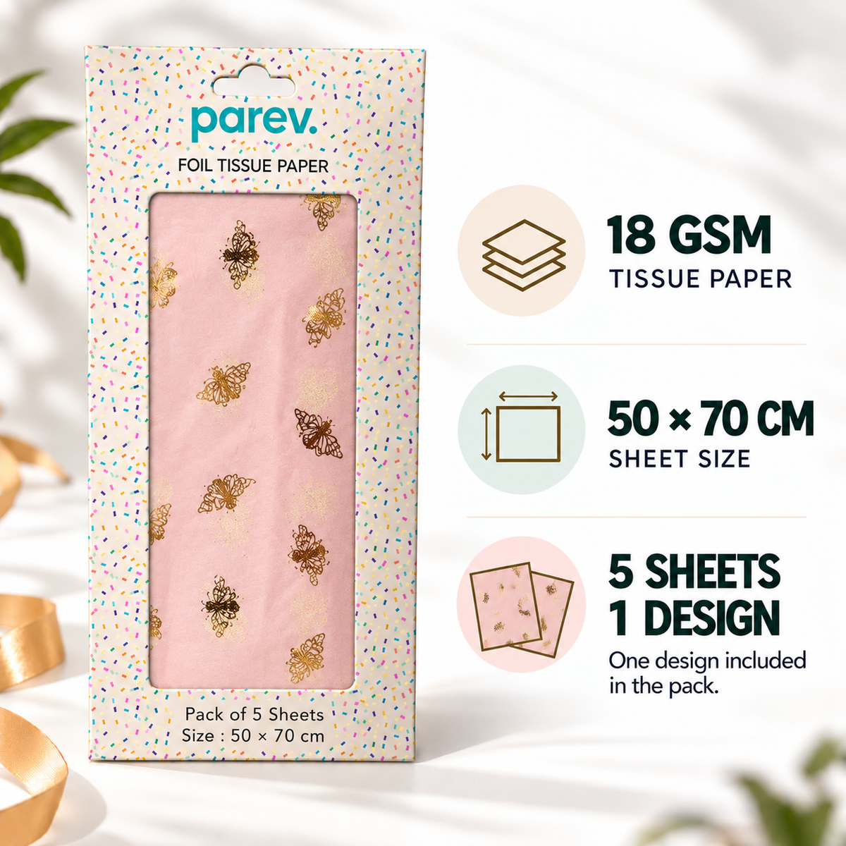 Pack of 5 Honeybees Toss Design 50 x 70 cm Luxury Gold Foil Tissue Sheets - Summer, Spring, Birthday Celebration