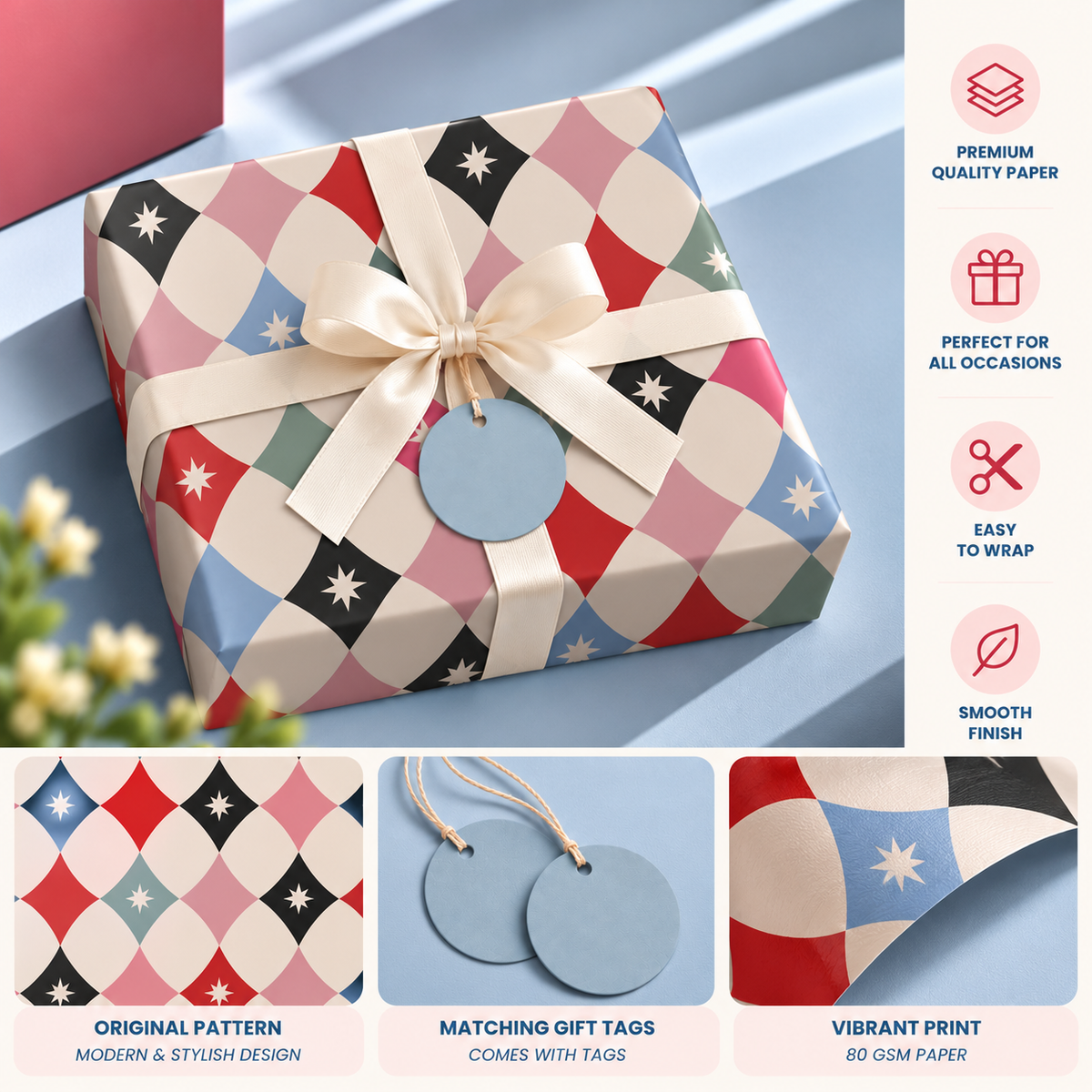 Pack of 2 Pastel Prism Design 50 x 70 cm Gift Wrap Sheets with 2 Tags - Valentine’s Mother's Day Birthdays Everyday Celebrations