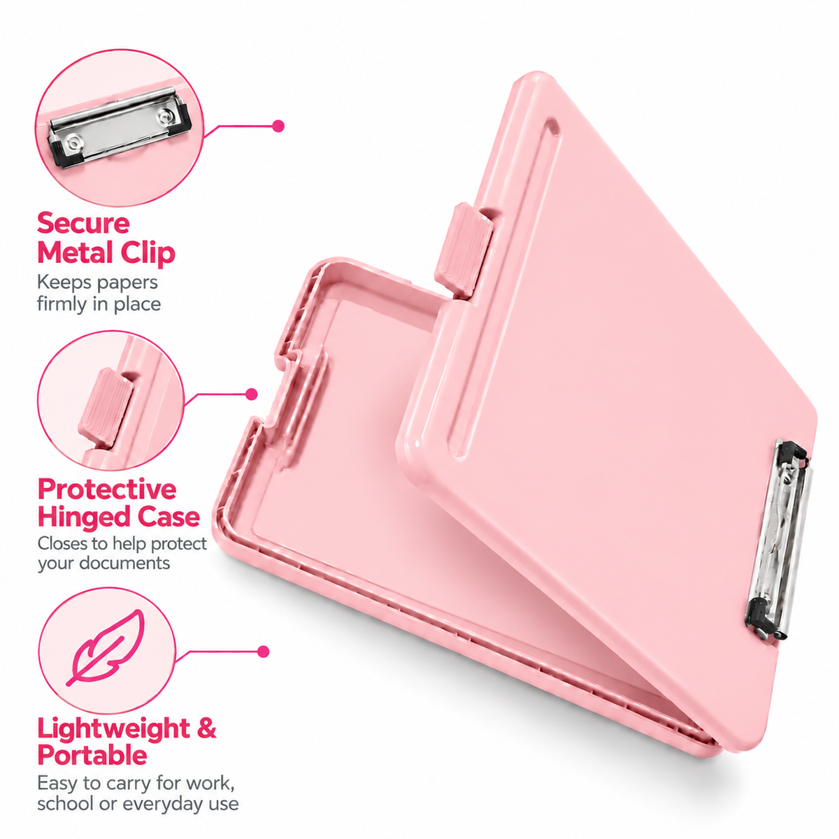 Single A4 Pastel Pink Plastic Clipboard Box File - Storage Filing Case