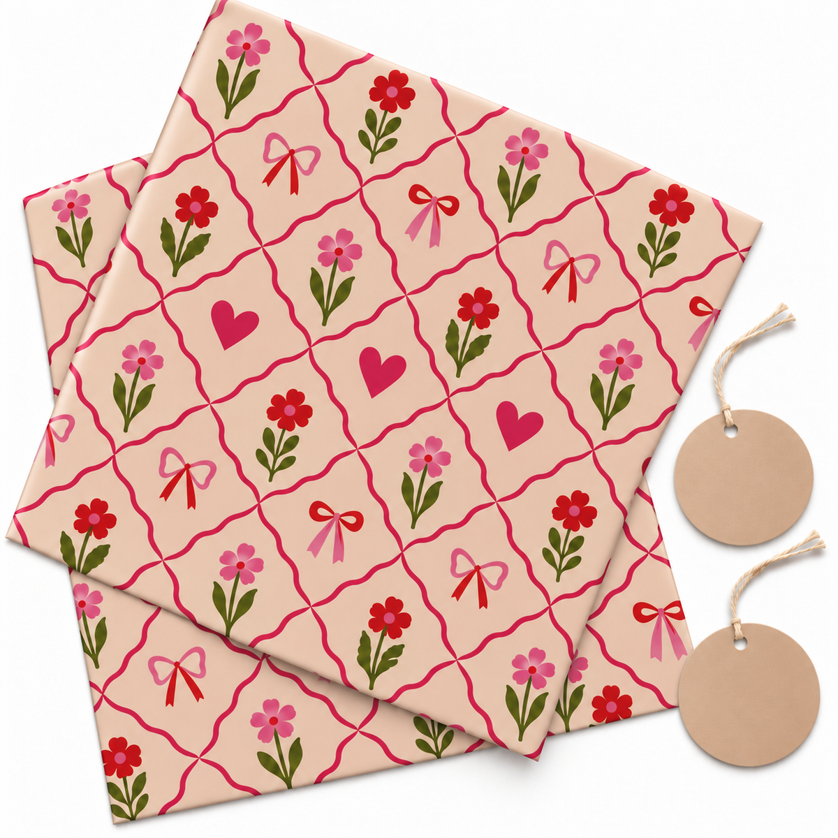 Pack of 2 Sweet Blooms Design 50 x 70 cm Gift Wrap Sheets with 2 Tags - Valentine’s Mother's Day Birthdays Everyday Celebrations