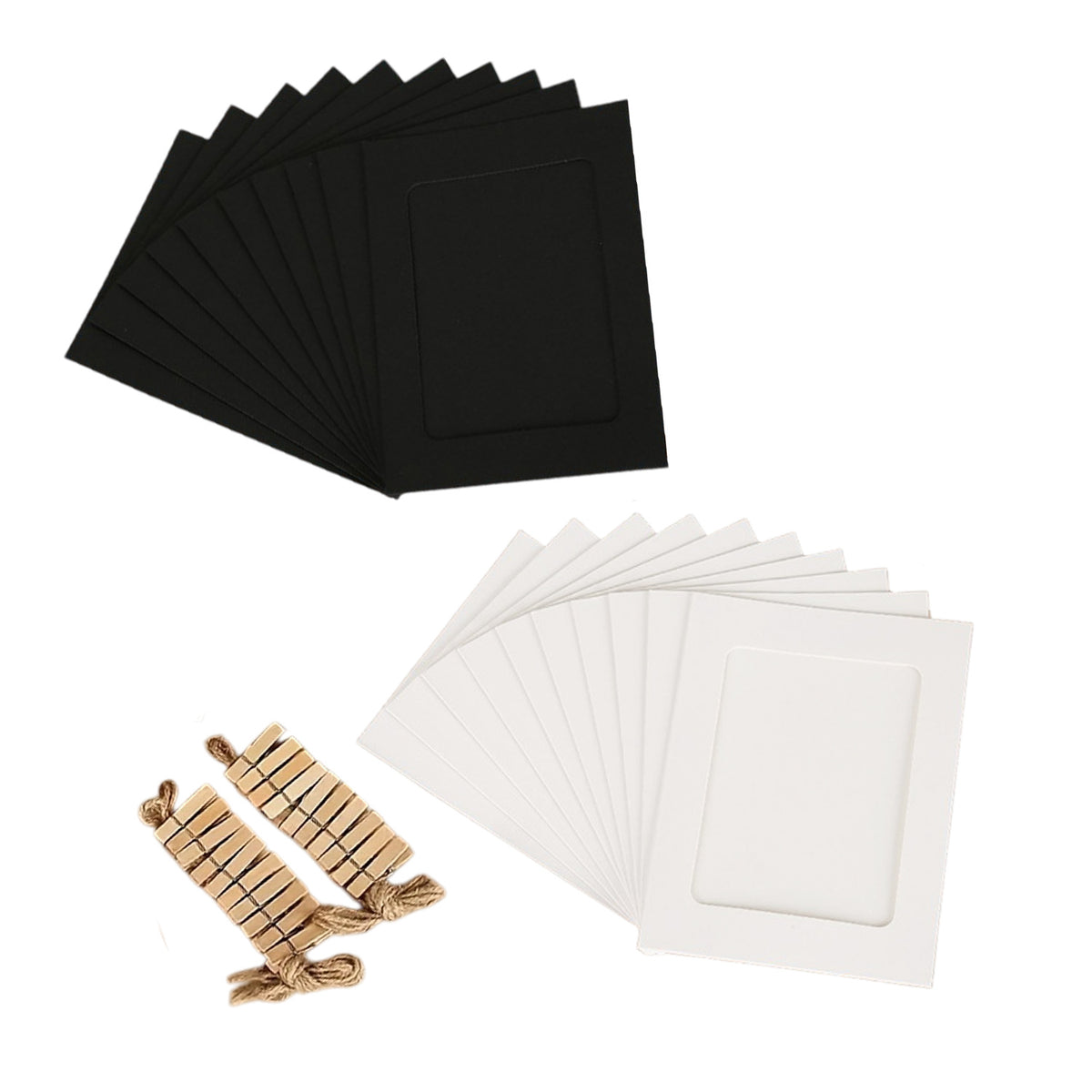 Black & White Photo Frame Banner Set with Wooden Pegs and Hemp Twine