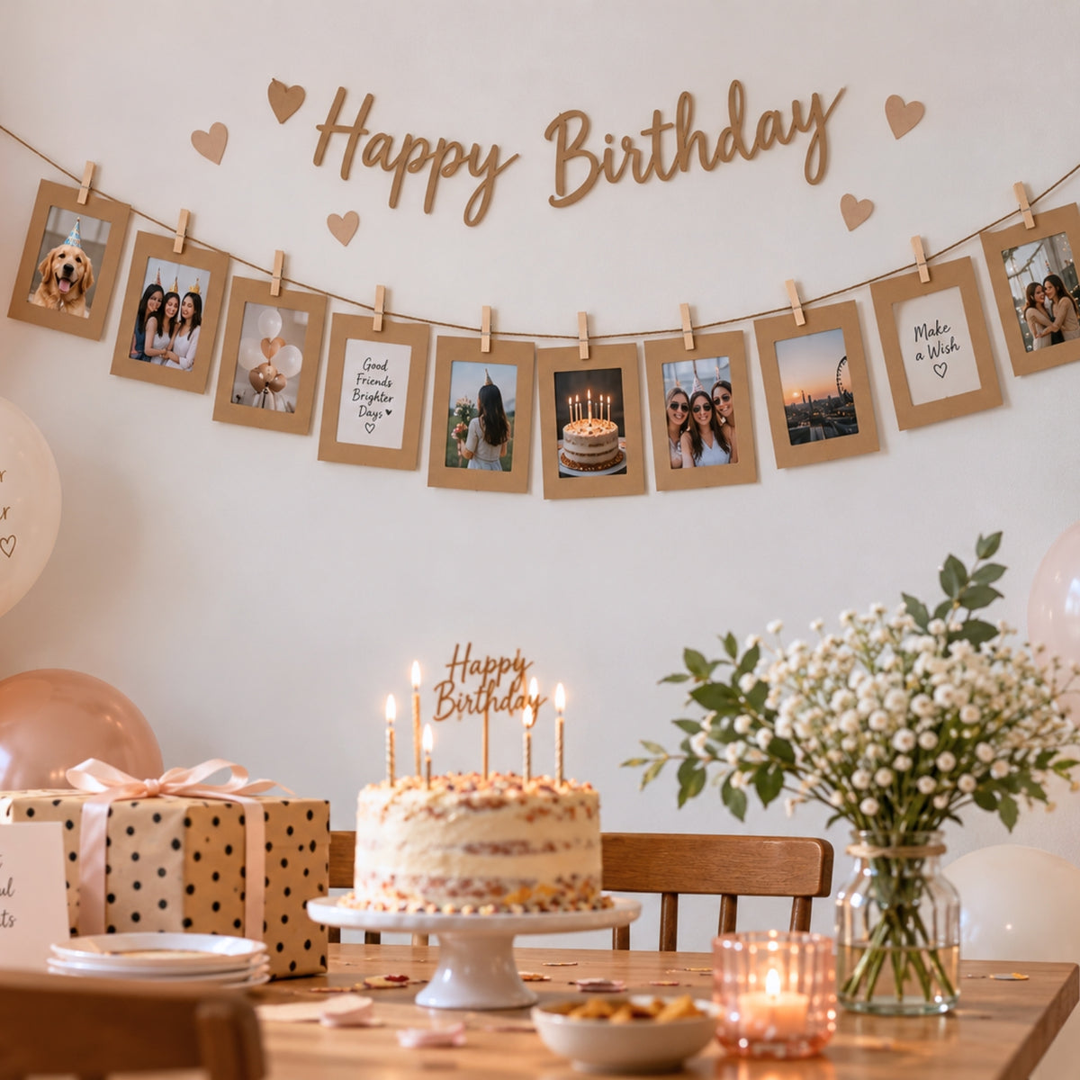 White Photo Frame Banner Set with Wooden Pegs and Hemp Twine