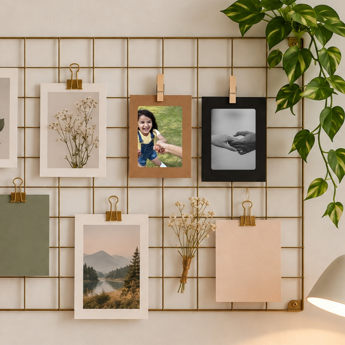 Kraft & White Photo Frame Banner Set with Wooden Pegs and Hemp Twine