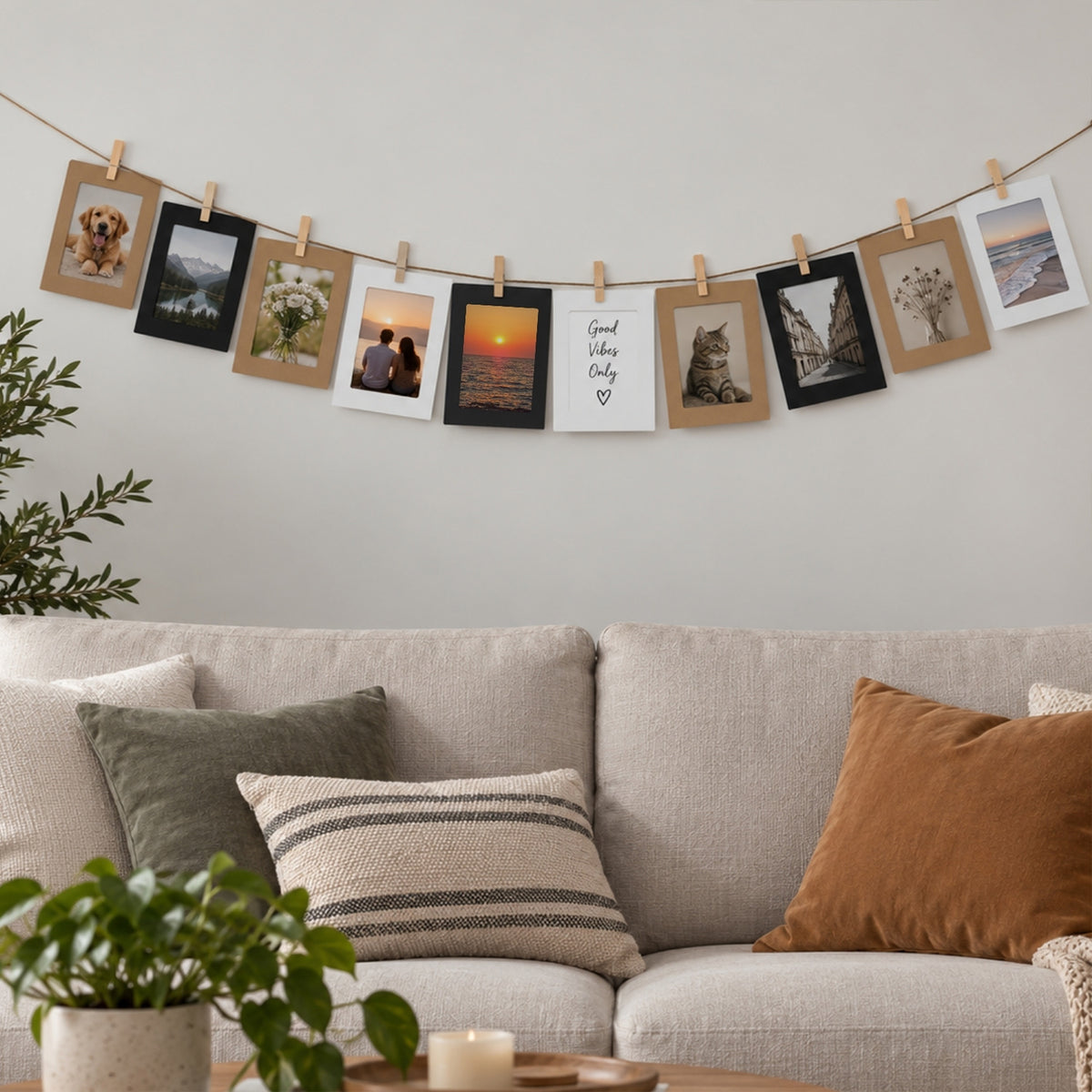 Black & White Photo Frame Banner Set with Wooden Pegs and Hemp Twine