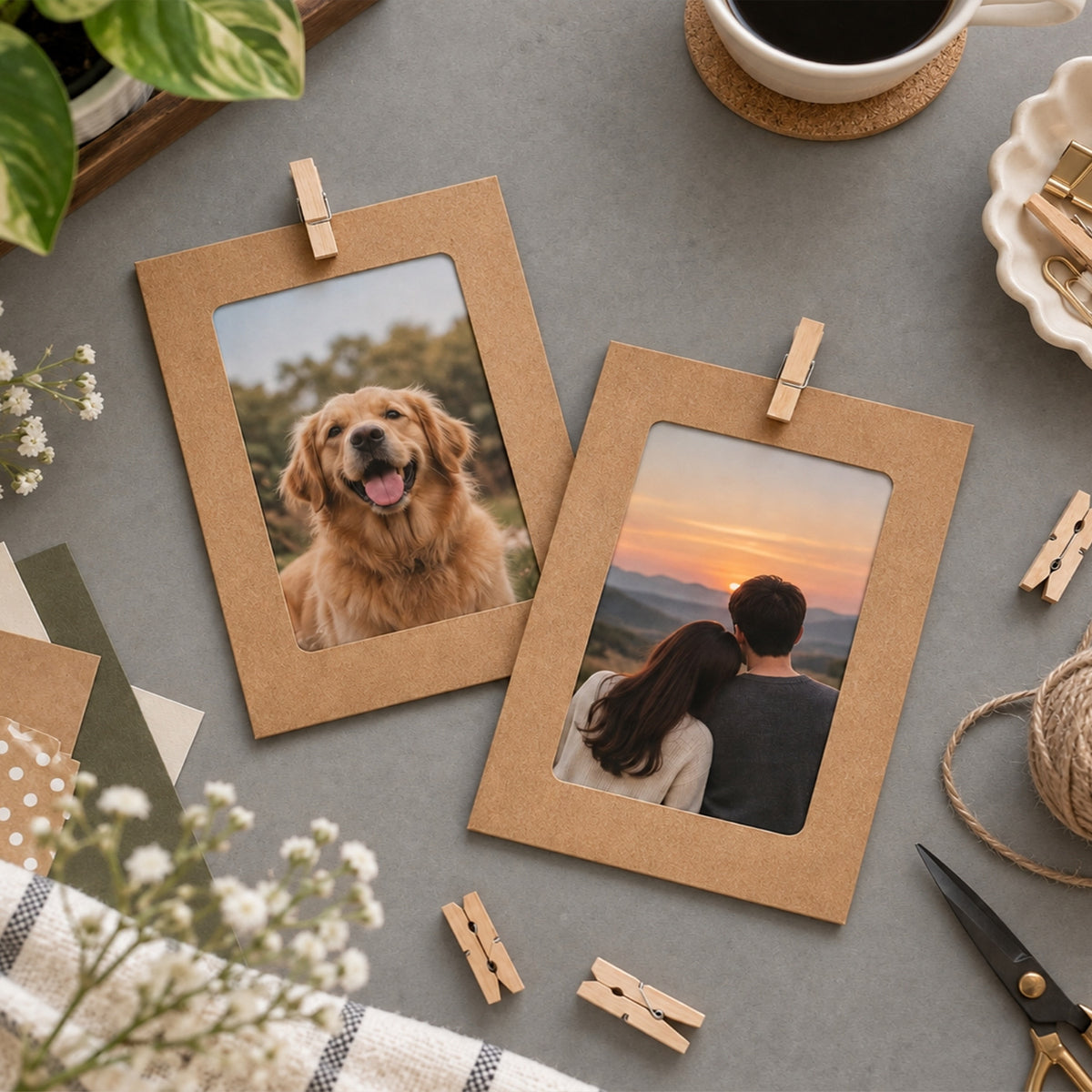 Black & White Photo Frame Banner Set with Wooden Pegs and Hemp Twine