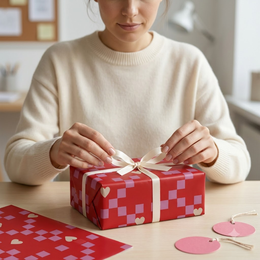Pack of 2 Cupid Check Design 50 x 70 cm Gift Wrap Sheets with 2 Tags - Valentine’s Mother's Day Birthdays Everyday Celebrations