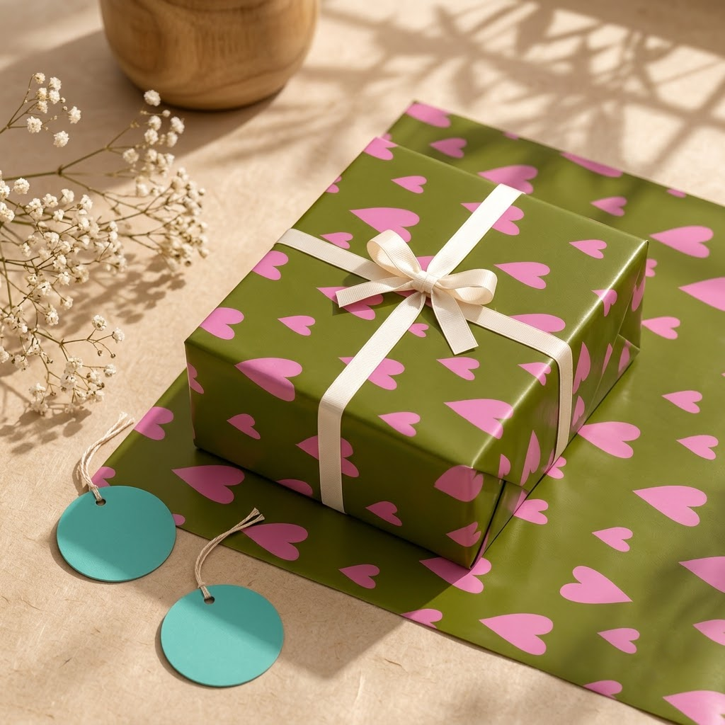 Pack of 2 Garden Of Hearts Design 50 x 70 cm Gift Wrap Sheets with 2 Tags - Valentine’s Mother's Day Birthdays Everyday Celebrations