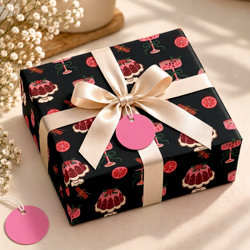Pack of 2 Dessert Festive Design 50 x 70 cm Gift Wrap Sheets with 2 Tags - Christmas Birthdays Parties Holiday Gifting