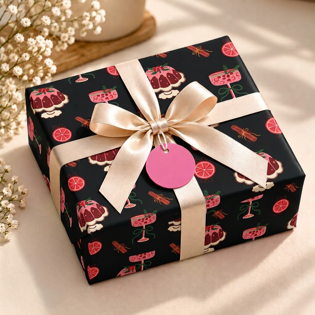 Pack of 2 Dessert Festive Design 50 x 70 cm Gift Wrap Sheets with 2 Tags - Christmas Birthdays Parties Holiday Gifting