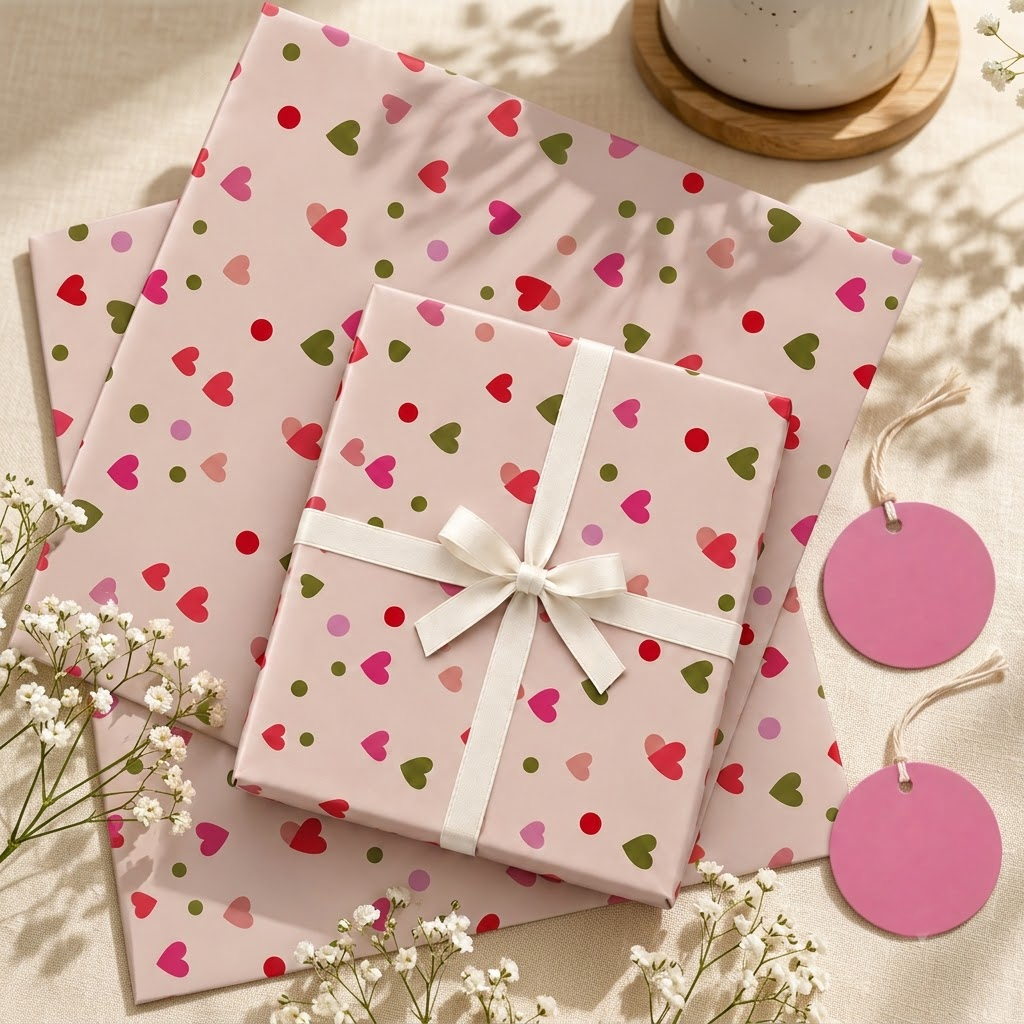 Pack of 2 Tinny Heart Toss Design 50 x 70 cm Gift Wrap Sheets with 2 Tags - Valentine’s Day Christmas Romantic Occasions Birthdays