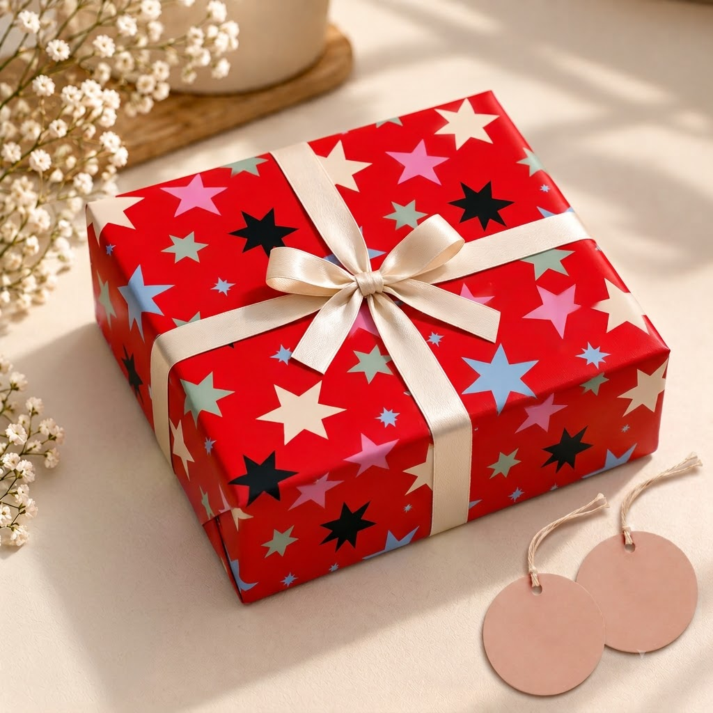 Pack of 2 Starburst Design 50 x 70 cm Gift Wrap Sheets with 2 Tags - Christmas Birthdays Festive Gifting