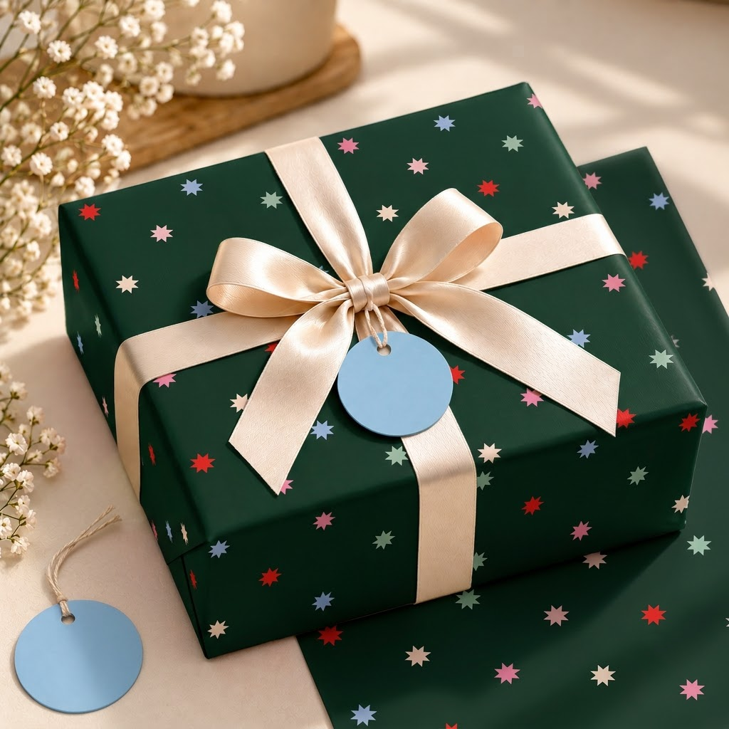 Pack of 2 Christmas Midnight Starfall Design 50 x 70 cm Gift Wrap Sheets with 2 Tags - Christmas Birthdays Kids Party Holiday Gifting