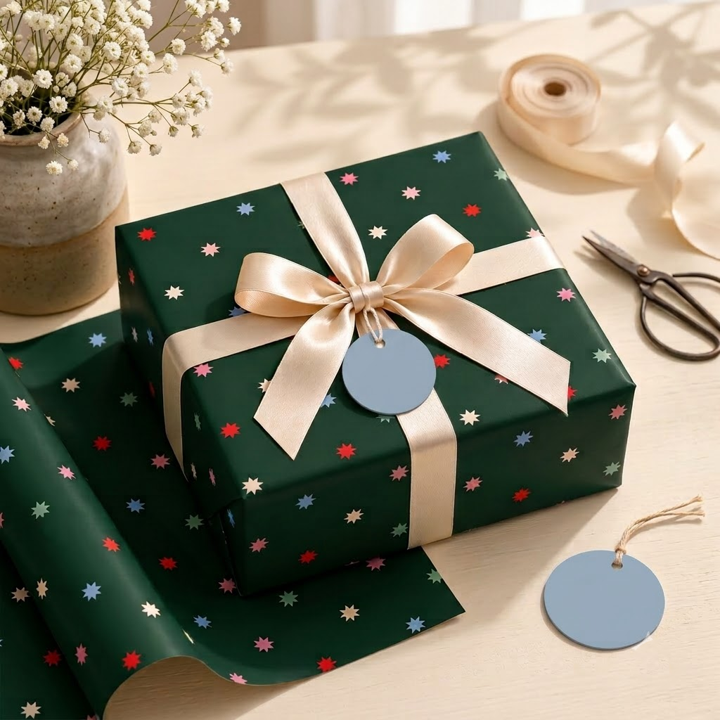 Pack of 2 Christmas Midnight Starfall Design 50 x 70 cm Gift Wrap Sheets with 2 Tags - Christmas Birthdays Kids Party Holiday Gifting