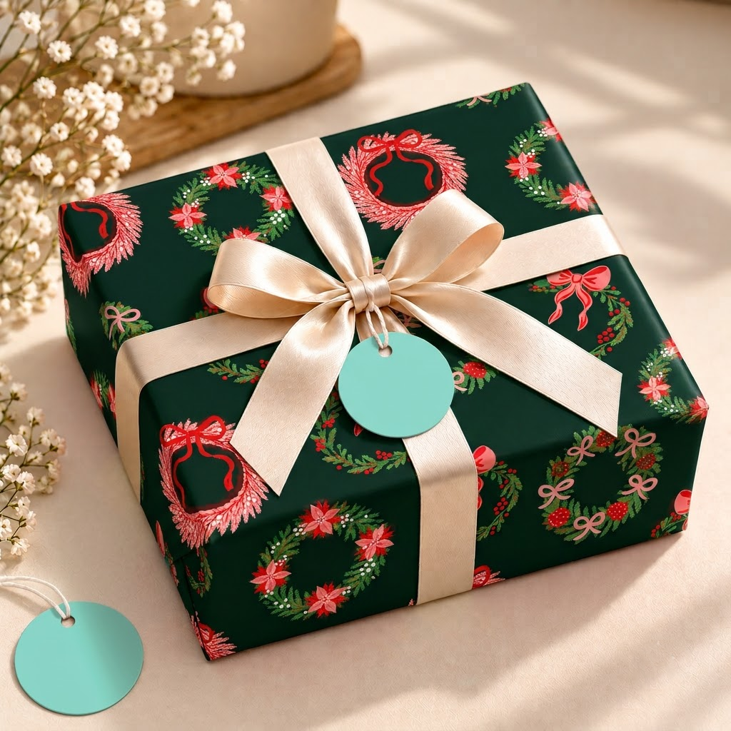 Pack of 2 Winterberry Wreath Design 50 x 70 cm Gift Wrap Sheets with 2 Tags - Christmas Seasonal Celebrations Winter Parties