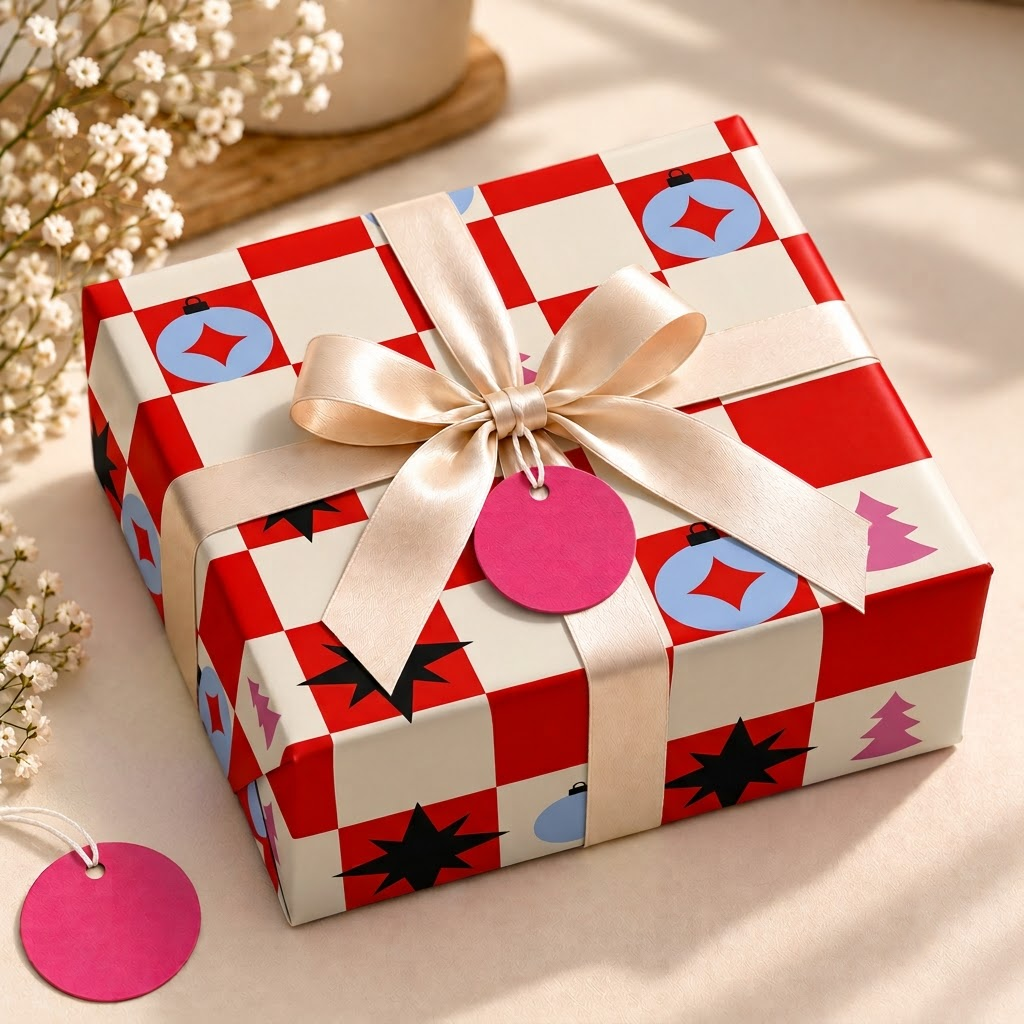 Pack of 2 Festive Checkboard Design 50 x 70 cm Gift Wrap Sheets with 2 Tags - Christmas Valentine’s Mother's Day Everyday Celebrations