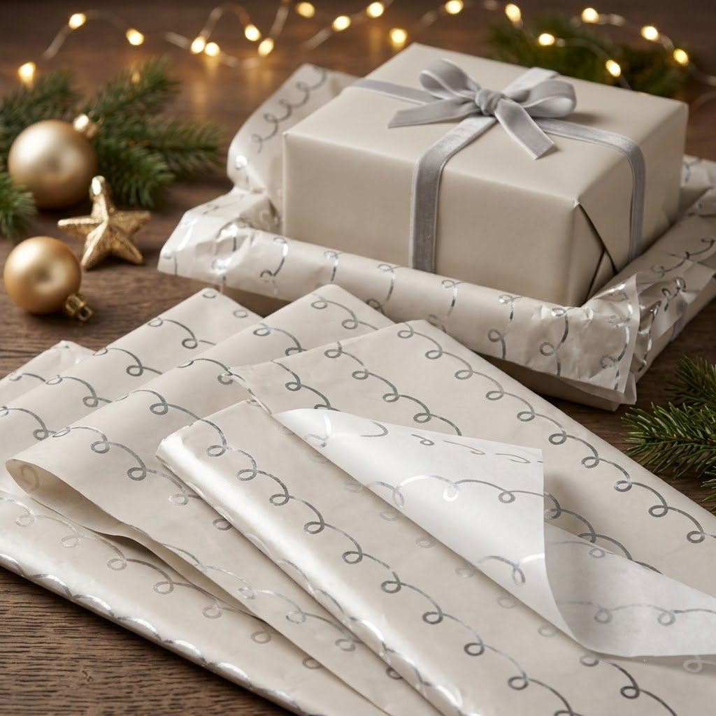Pack of 5 White Swirl Band Design 50 x 70 cm Luxury Silver Foil Tissue Sheets - Wedding, Anniversary