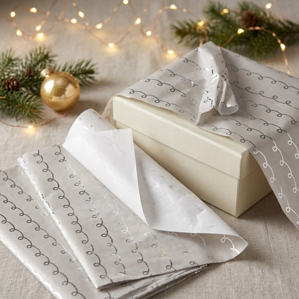 Pack of 5 White Swirl Band Design 50 x 70 cm Luxury Silver Foil Tissue Sheets - Wedding, Anniversary