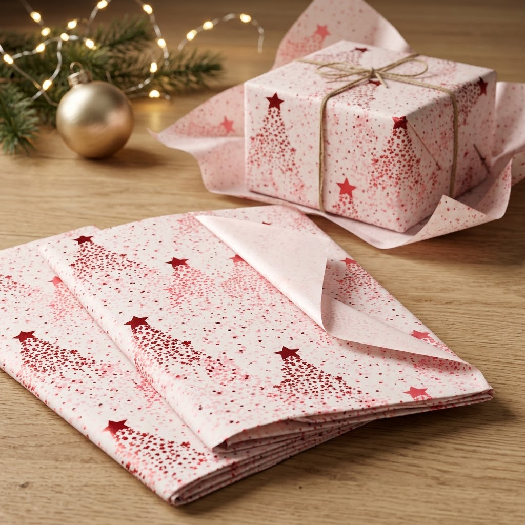 Pack of 5 Dotted Christmas Star Design 50 x 70 cm Luxury Red Foil Tissue Sheets
