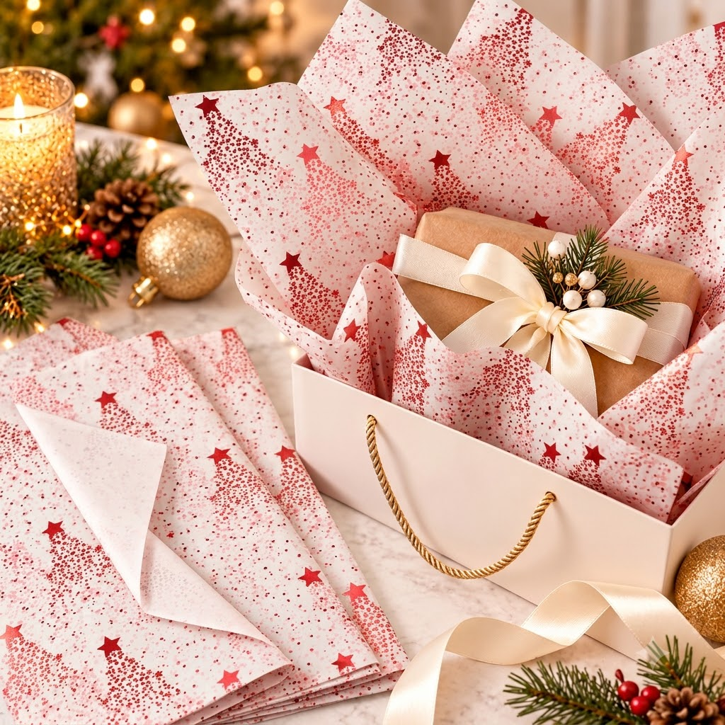 Pack of 5 Dotted Christmas Star Design 50 x 70 cm Luxury Red Foil Tissue Sheets
