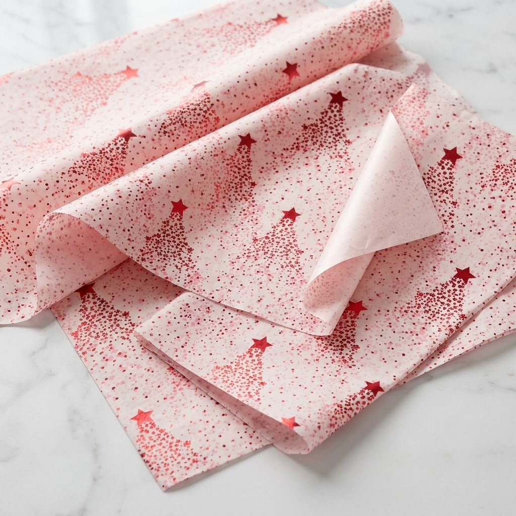 Pack of 5 Dotted Christmas Star Design 50 x 70 cm Luxury Red Foil Tissue Sheets