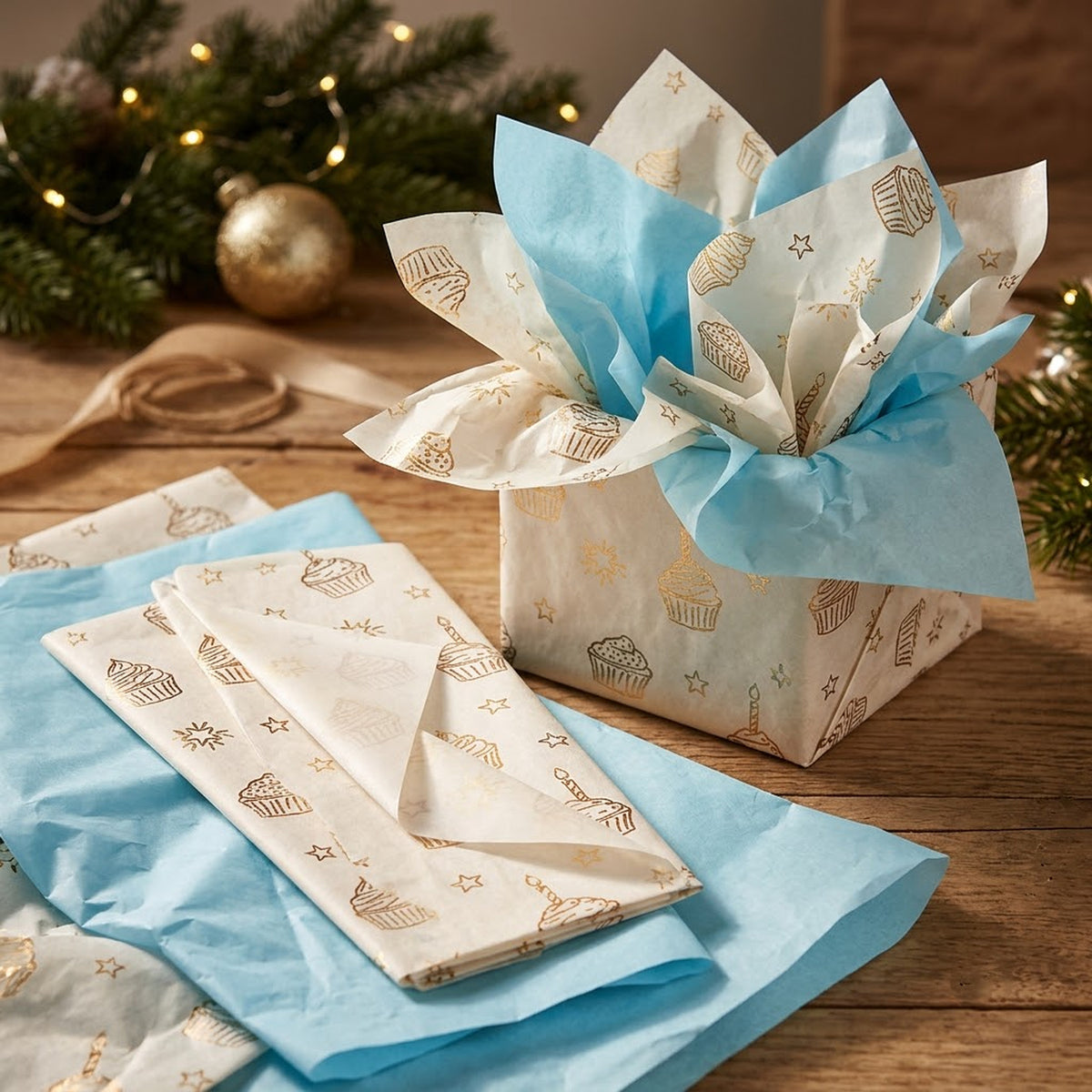Pack of 8 Sweet Celebration Luxury Gold Foil Design & Plain Sky Blue 50 x 70 cm Tissue Sheets - Birthday, Cake, Boys