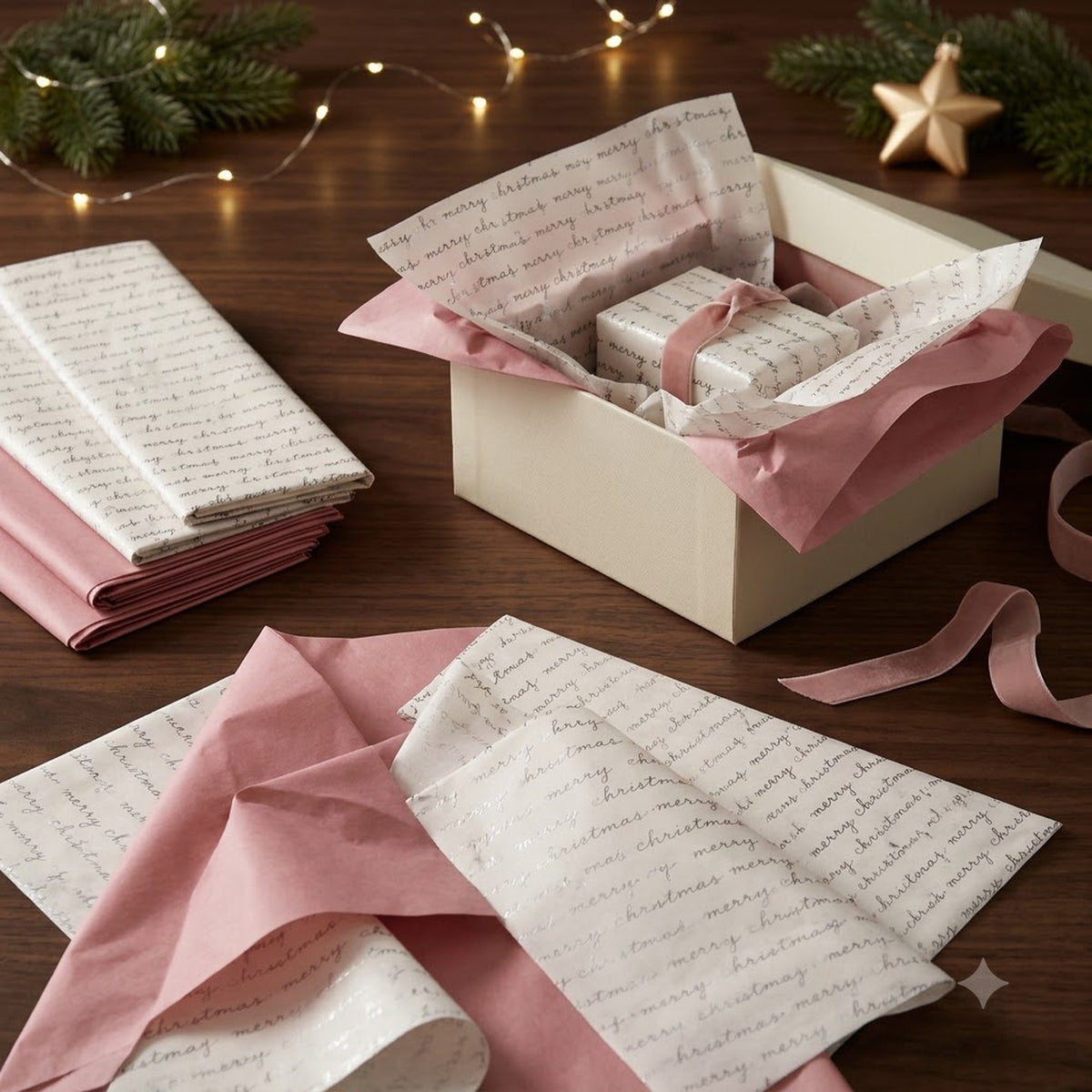 Pack of 8 Merry Christmas Script Luxury Silver Foil Design & Plain Pink 50 x 70 cm Tissue Sheets
