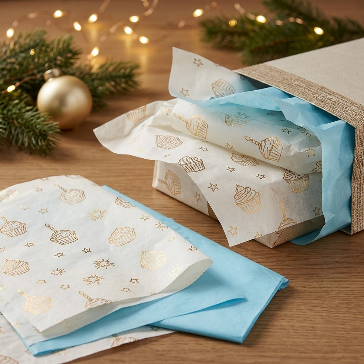 Pack of 8 Sweet Celebration Luxury Gold Foil Design & Plain Sky Blue 50 x 70 cm Tissue Sheets - Birthday, Cake, Boys