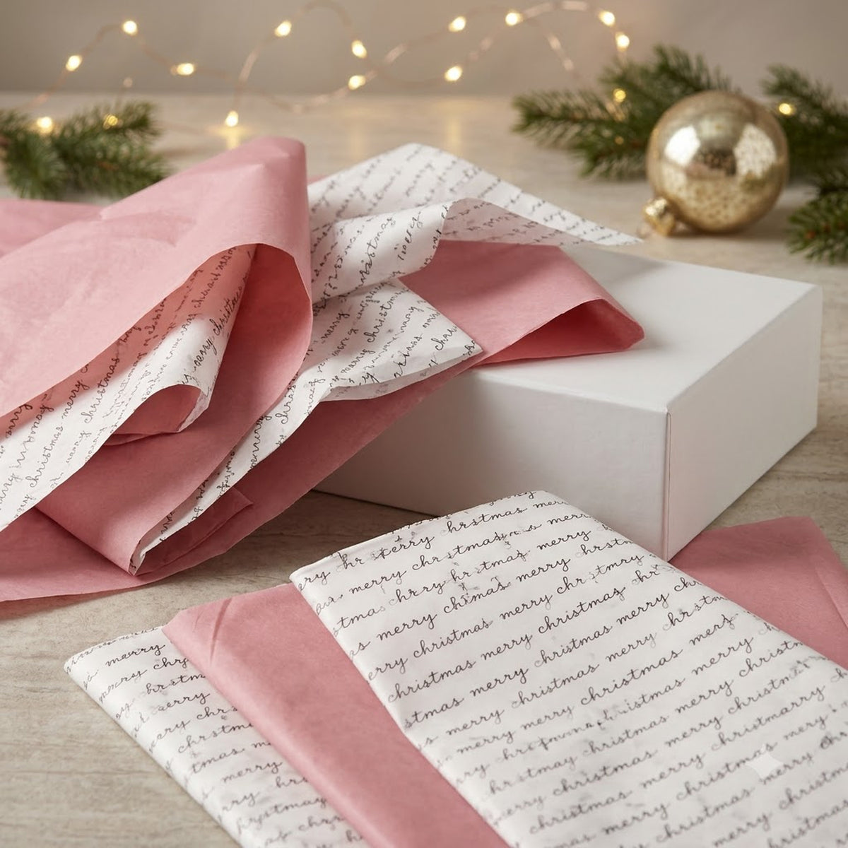 Pack of 8 Merry Christmas Script Luxury Silver Foil Design & Plain Pink 50 x 70 cm Tissue Sheets