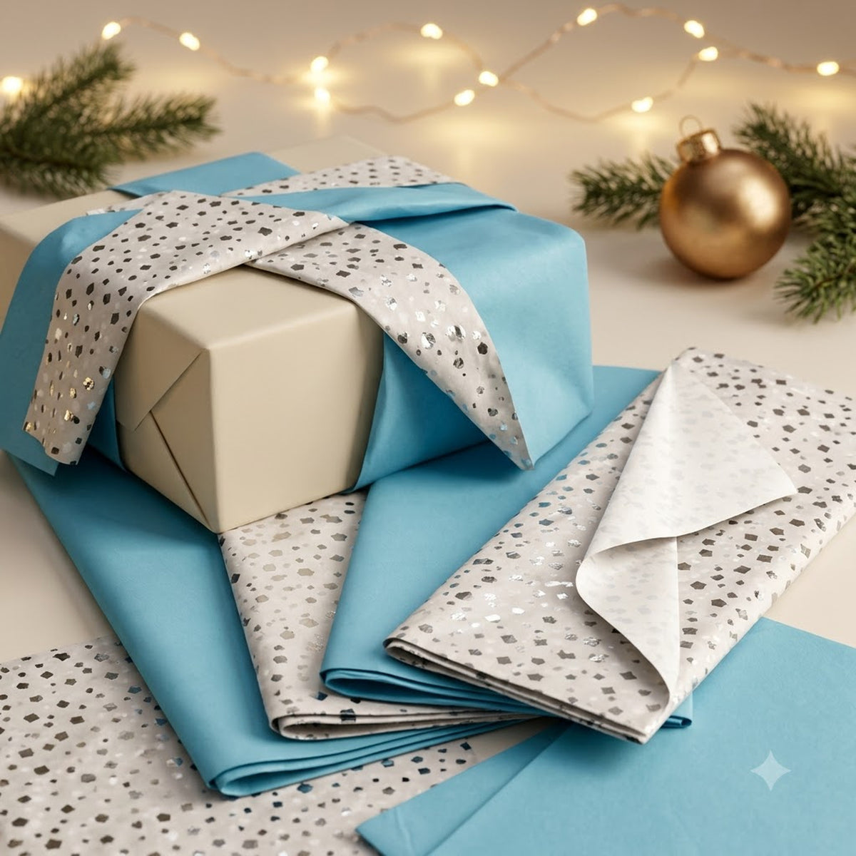 Pack of 8 Diamond Sparkle Luxury Foil Design & Plain Sky Blue 50 x 70 cm Tissue Sheets - Birthday Summer Everyday Celebrations
