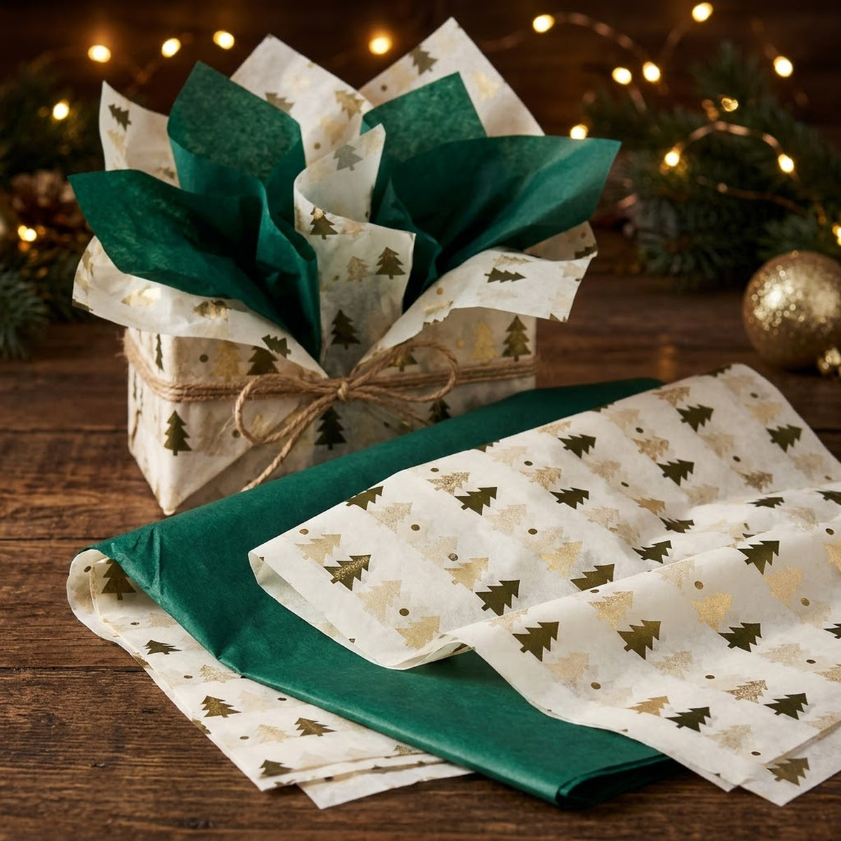Pack of 8 Christmas Tree Dots Luxury Gold Foil Design & Plain Dark Green 50 x 70 cm Tissue Sheets