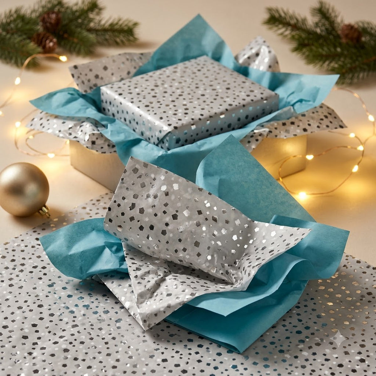 Pack of 8 Diamond Sparkle Luxury Foil Design & Plain Sky Blue 50 x 70 cm Tissue Sheets - Birthday Summer Everyday Celebrations