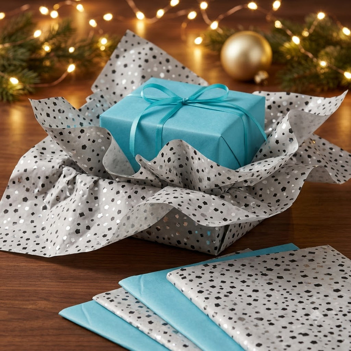 Pack of 8 Diamond Sparkle Luxury Foil Design & Plain Sky Blue 50 x 70 cm Tissue Sheets - Birthday Summer Everyday Celebrations