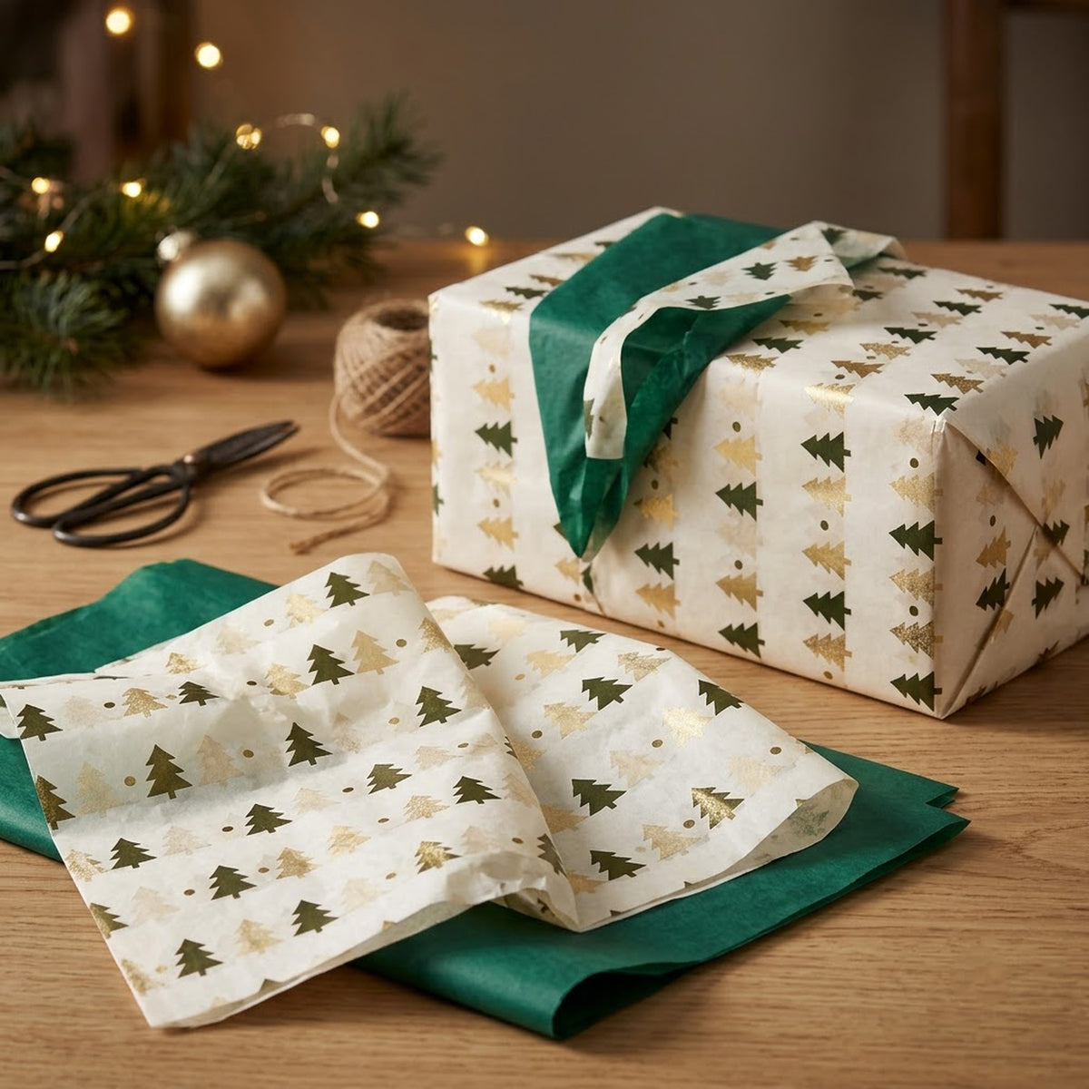 Pack of 8 Christmas Tree Dots Luxury Gold Foil Design & Plain Dark Green 50 x 70 cm Tissue Sheets