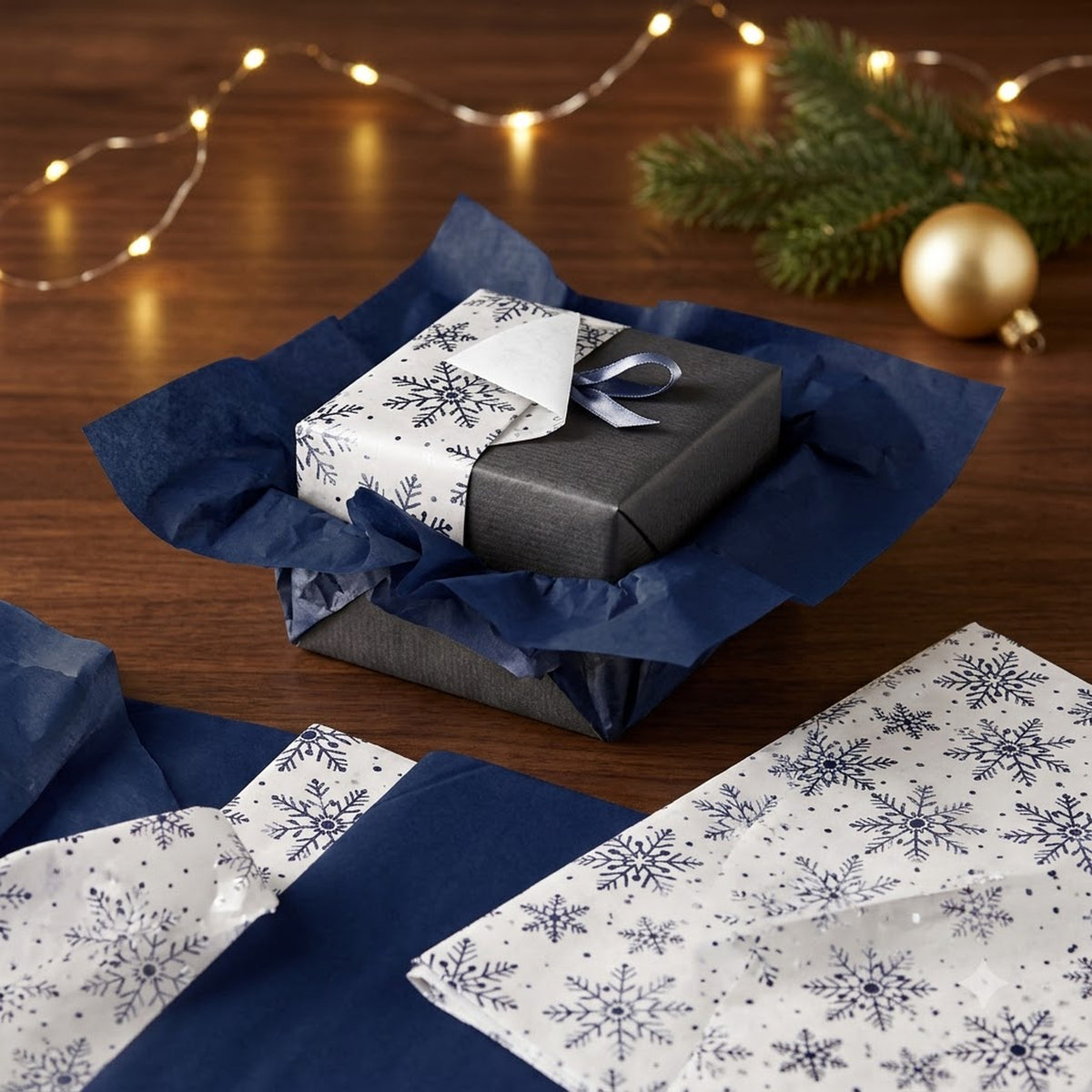 Pack of 8 Winter Foil Snowflakes & Plain Navy Blue 50 x 70 cm Tissue Sheets - Christmas Winter Celebrations