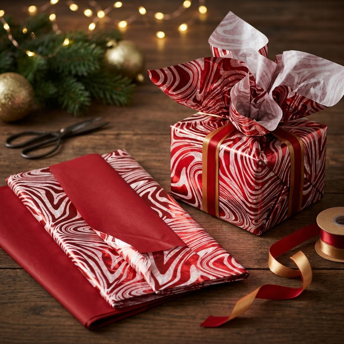 Pack of 8 Elegant Marble Luxury Red Foil Design & Plain Red 50 x 70 cm Tissue Sheets - Christmas, Valentine, Wedding