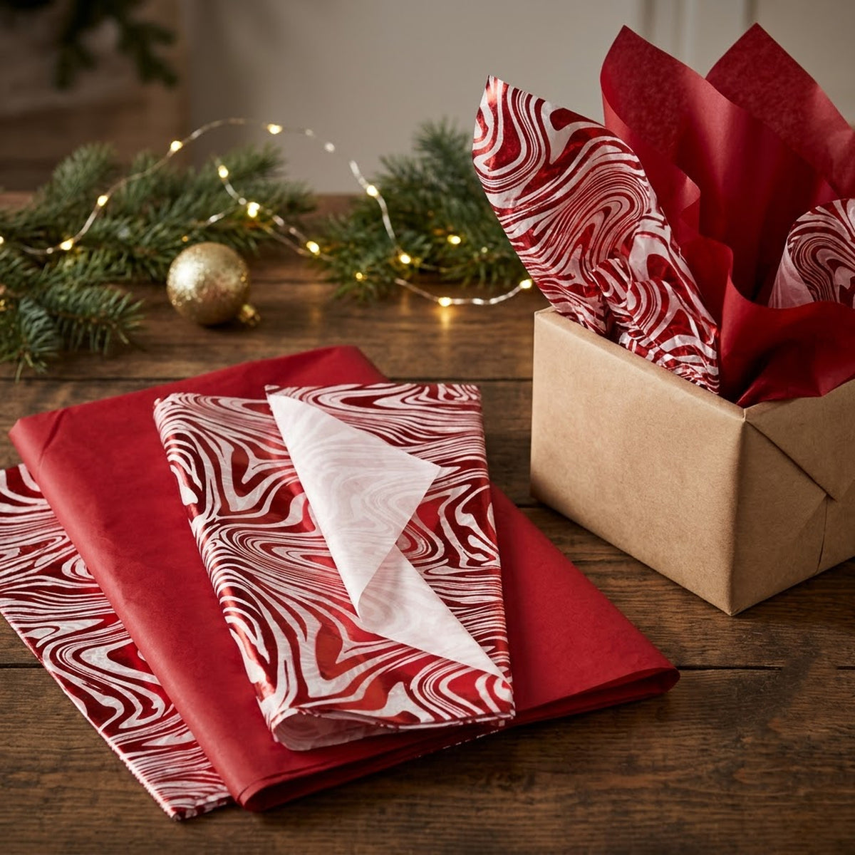 Pack of 8 Elegant Marble Luxury Red Foil Design & Plain Red 50 x 70 cm Tissue Sheets - Christmas, Valentine, Wedding