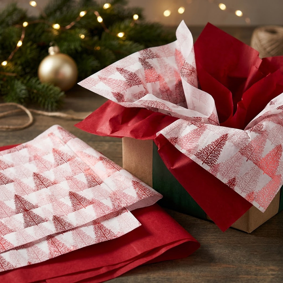 Pack of 8 Christmas Line Art Luxury Red Foil Design & Plain Red 50 x 70 cm Tissue Sheets - Christmas Valentine's Wedding Birthday
