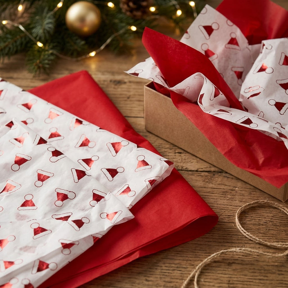 Pack of 8 Christmas Santa Hat Toss Luxury Foil Design & Plain Red 50 x 70 cm Tissue Sheets