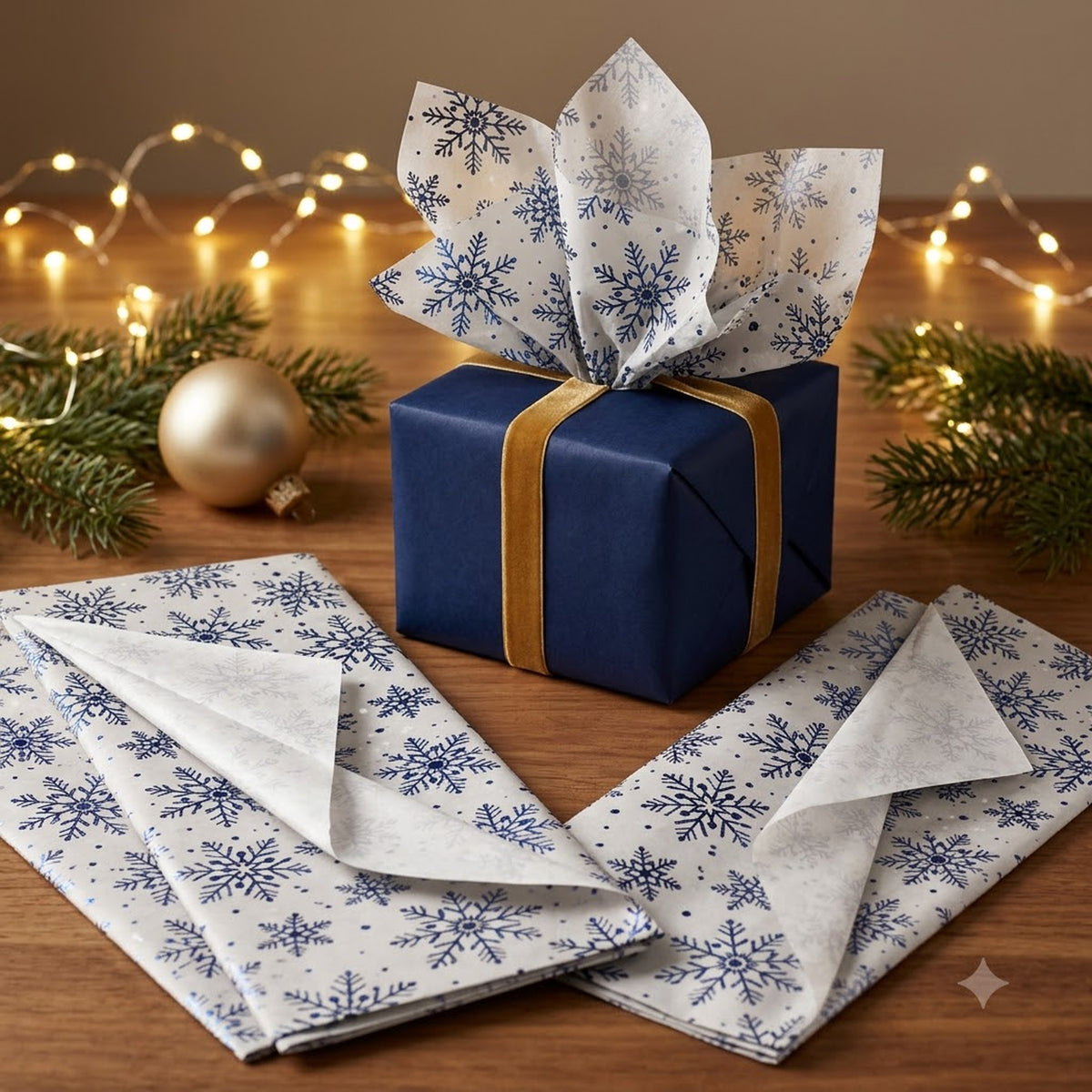 Pack of 8 Winter Foil Snowflakes & Plain Navy Blue 50 x 70 cm Tissue Sheets - Christmas Winter Celebrations