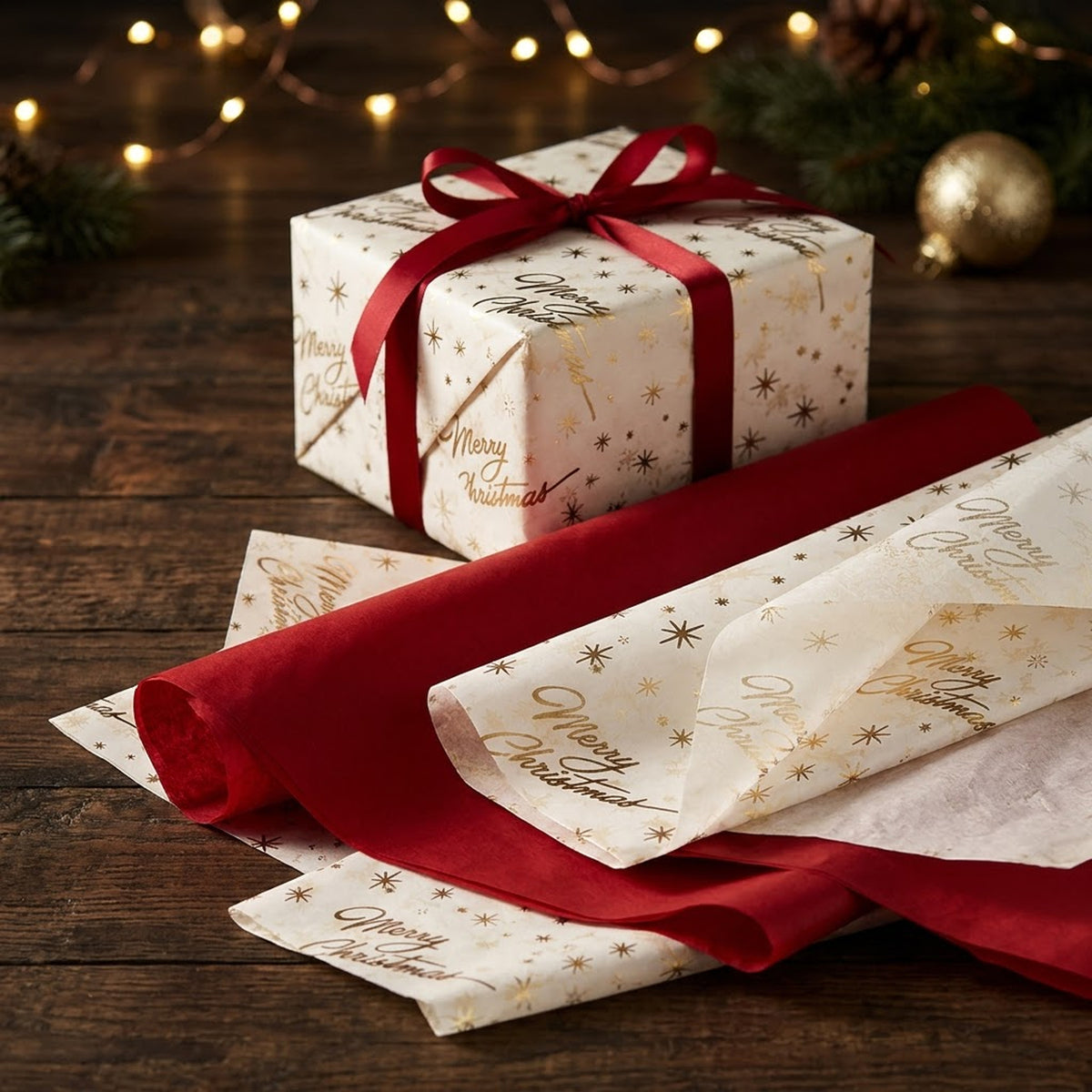 Pack of 8 Merry Christmas Luxury Gold Foil Design & Plain Red 50 x 70 cm Tissue Sheets