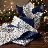 Pack of 8 Wild Leopard Luxury Foil Design & Plain Navy Blue 50 x 70 cm Tissue Sheets - Christmas Birthday Any Occasion