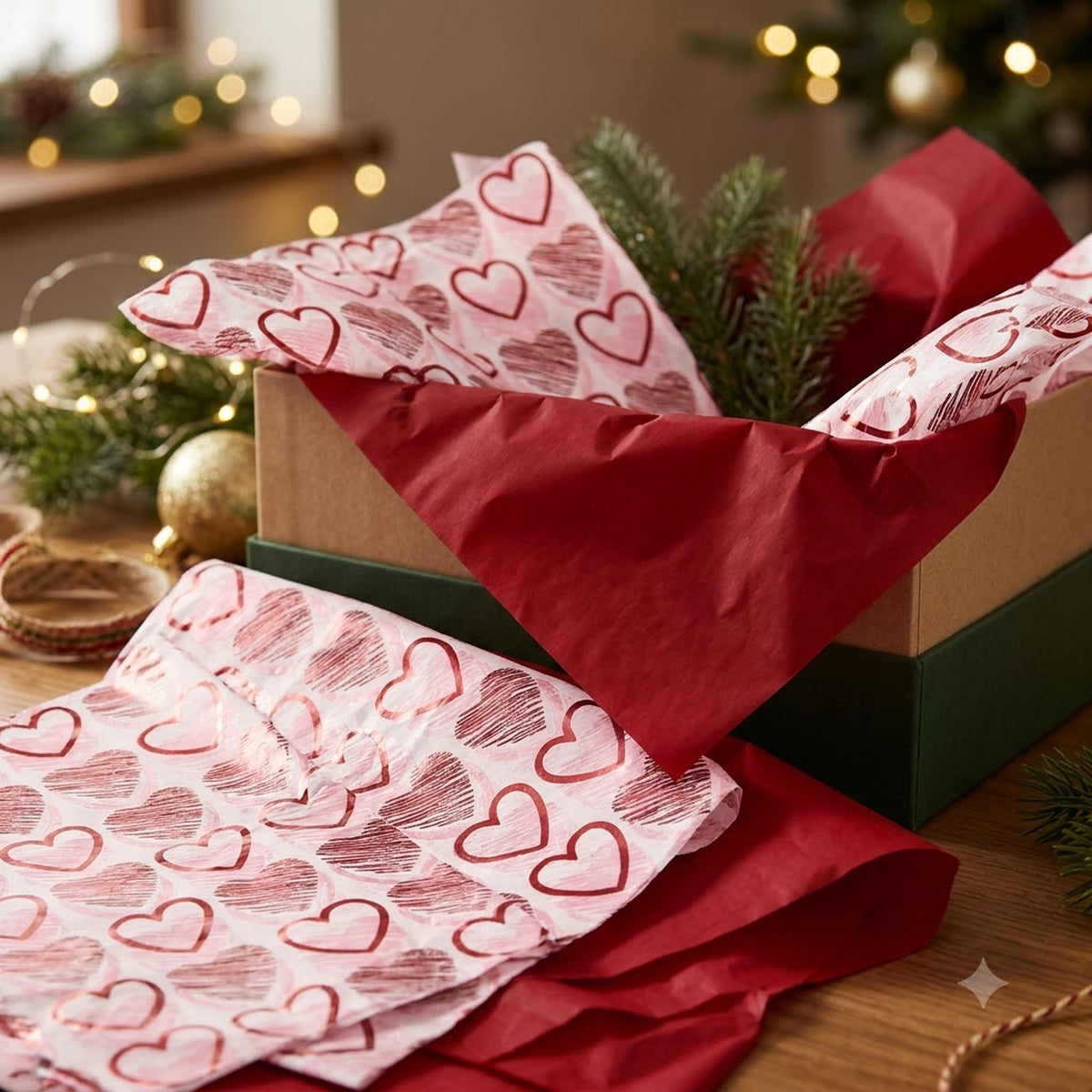 Pack of 8 Valentine Hearts Medley Luxury Red Foil Design & Plain Red 50 x 70 cm Tissue Sheets - Christmas Valentine's Wedding Birthday