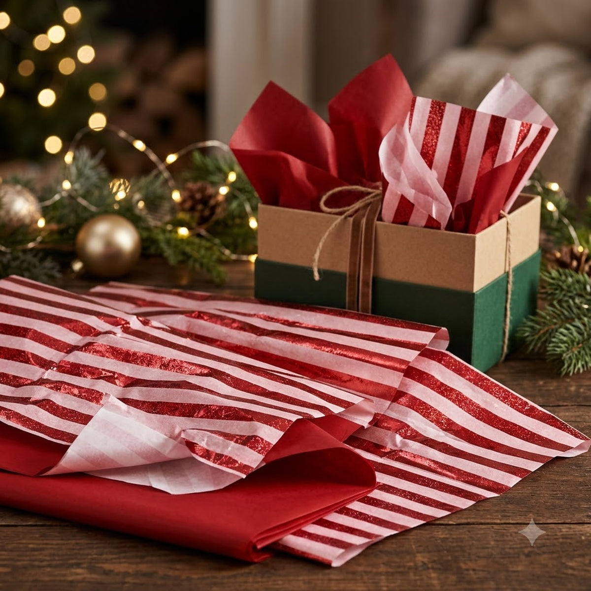 Pack of 8 Classic Horizon Band Luxury Red Foil Design & Plain Red 50 x 70 cm Tissue Sheets - Christmas, Valentine
