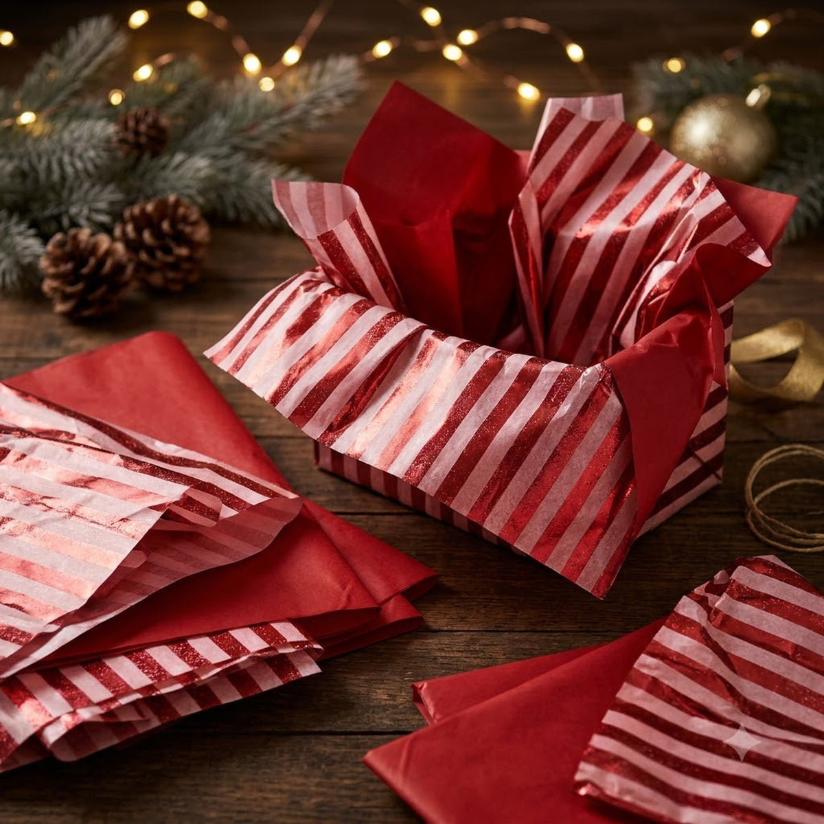 Pack of 8 Classic Horizon Band Luxury Red Foil Design & Plain Red 50 x 70 cm Tissue Sheets - Christmas, Valentine
