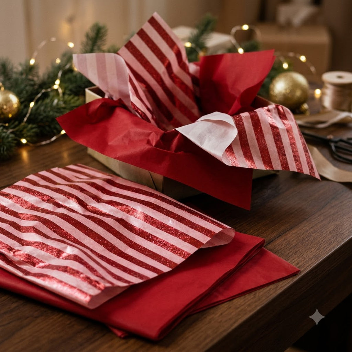 Pack of 8 Classic Horizon Band Luxury Red Foil Design & Plain Red 50 x 70 cm Tissue Sheets - Christmas, Valentine