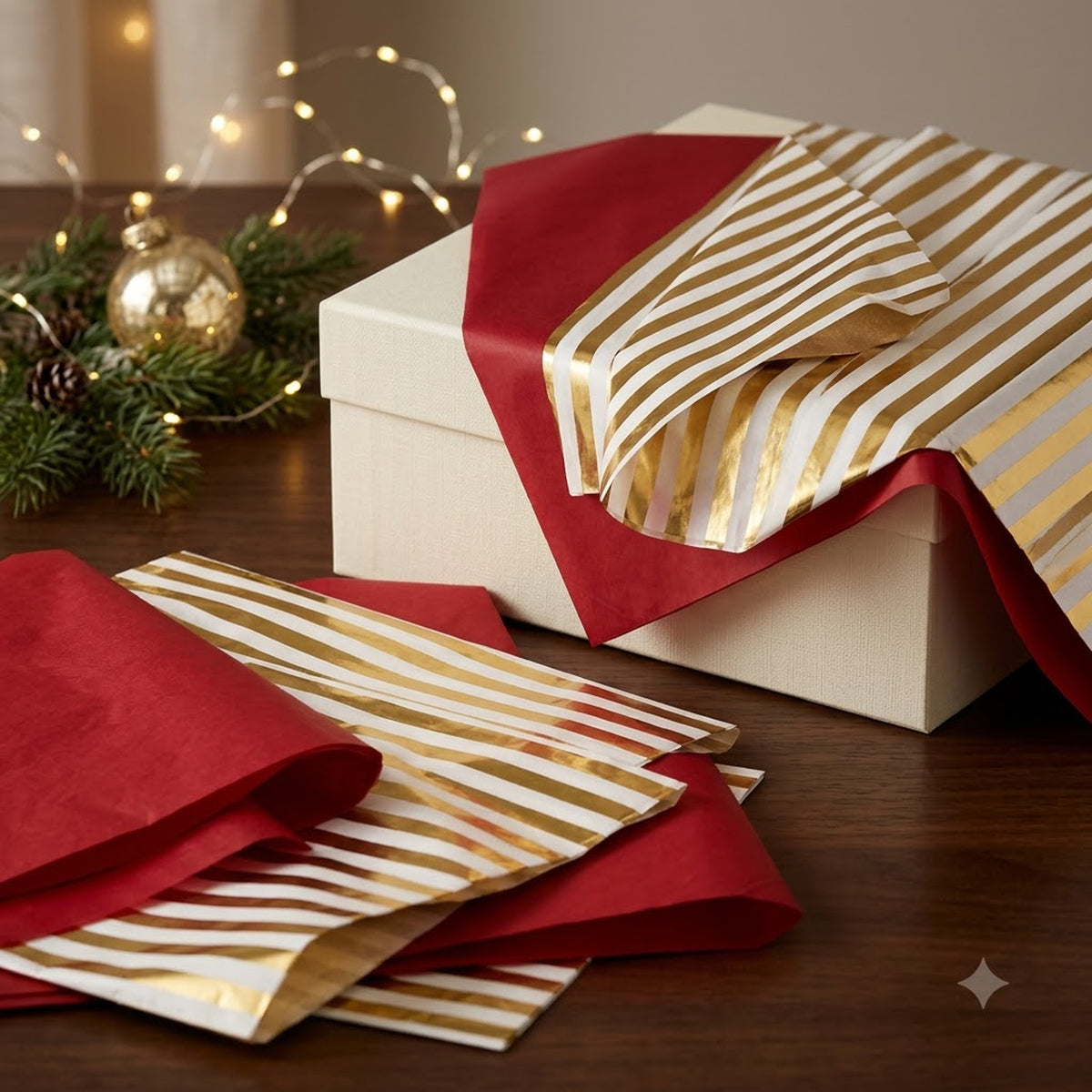 Pack of 8 Abstract Stripes Luxury Foil Design & Plain Red 50 x 70 cm Tissue Sheets - Christmas Wedding Valentine's Day