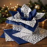Pack of 8 Wild Leopard Luxury Foil Design & Plain Navy Blue 50 x 70 cm Tissue Sheets - Christmas Birthday Any Occasion