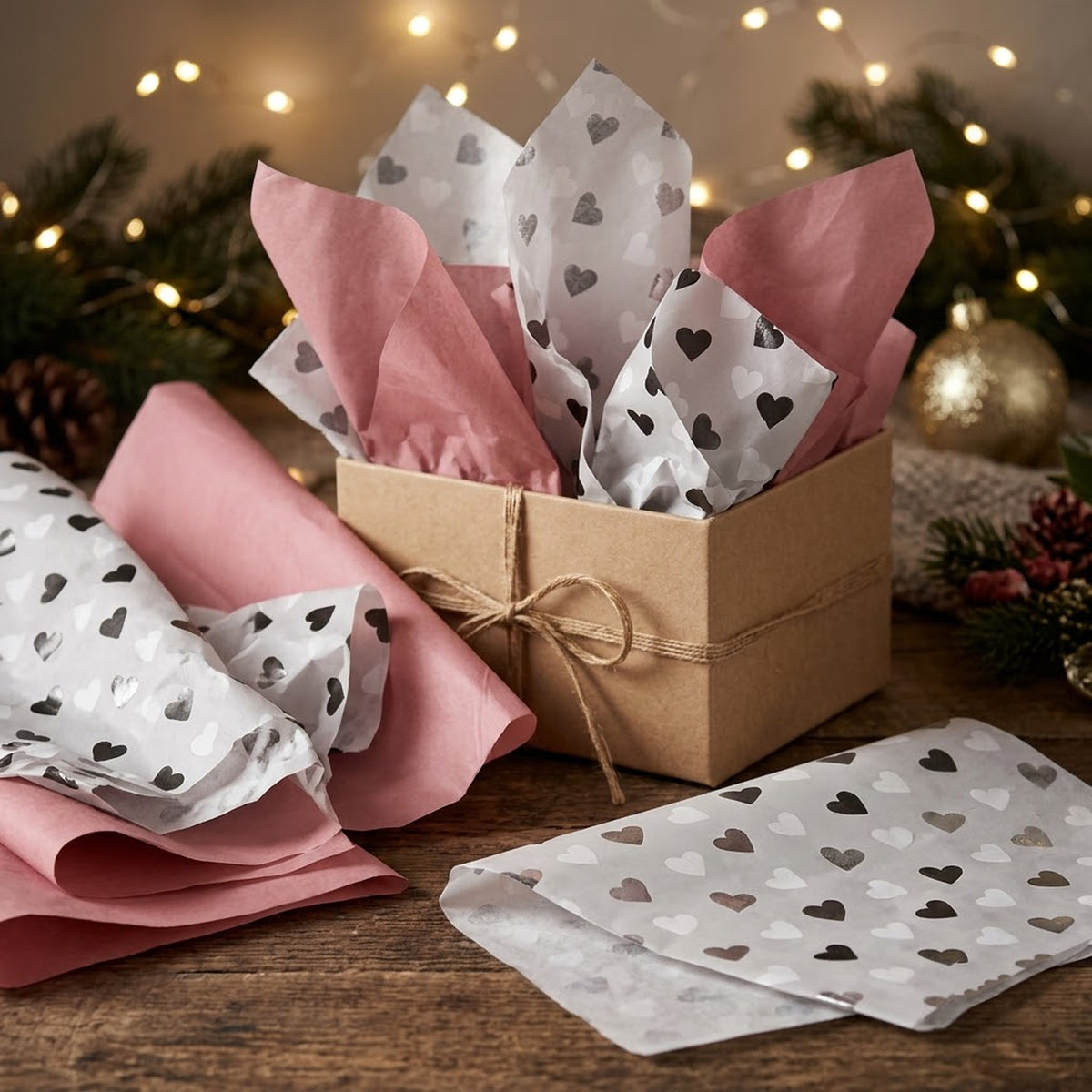 Pack of 8 Classic Hearts Luxury Foil Design & Plain Pink 50 x 70 cm Tissue Sheets - Valentine Romantic Gifting Birthdays Everyday Occasions