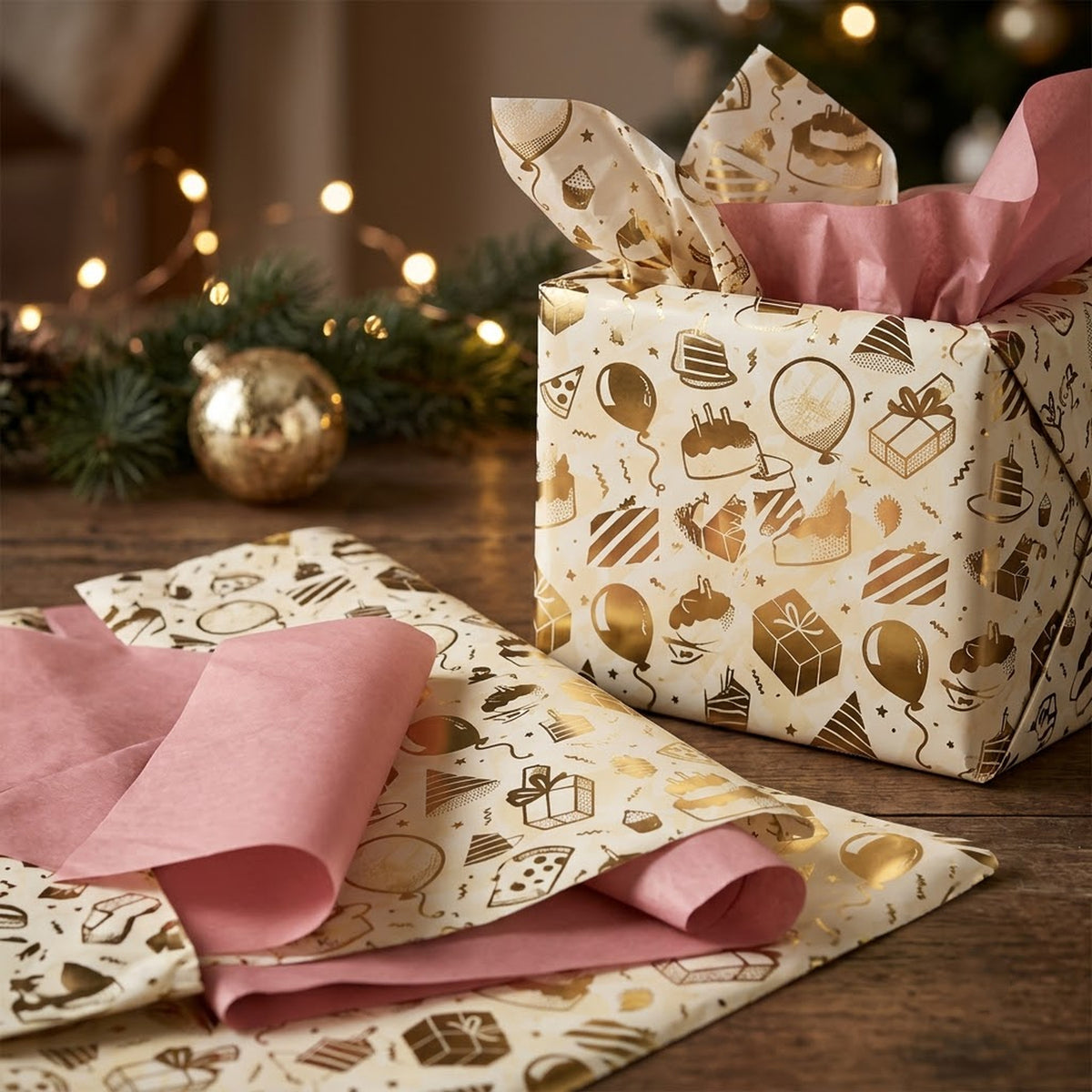 Pack of 8 Birthday Bliss Luxury Gold Foil Design & Plain Pink 50 x 70 cm Tissue Sheets - Girls, Cake, Celebration